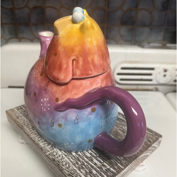 VINTAGE STUDIO DESIGN WORKS JOY CAT TYE DYED RAINBOW KITTY CERAMIC TEAPOT - Picture 2 of 7